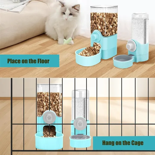 Miniatura 7 de GPY Juego de comedero automático para mascotas y dispensador de agua para colgar, alimentador automático para conejos y dispensador de agua para Azul