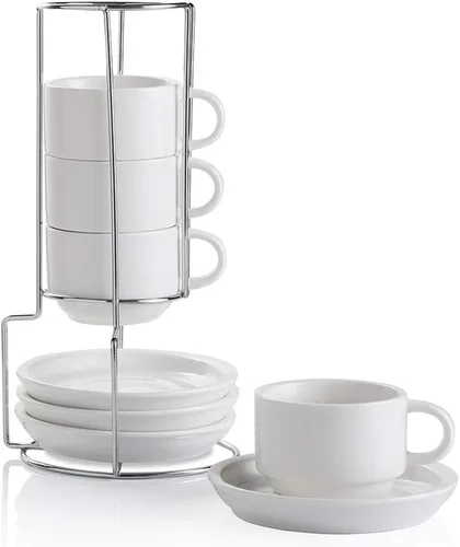Miniatura 26 de Sweejar - Tazas de café de porcelana con platillos, tazas de capuchino apilables de 4 onzas con soporte de metal para bebidas de café, café