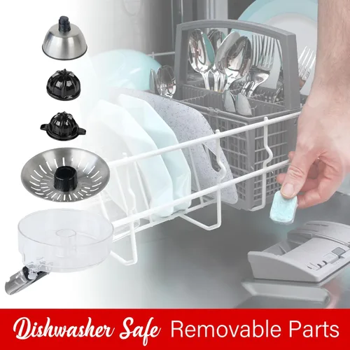 Miniatura 6 de Brentwood Potente exprimidor eléctrico de cítricos, naranja, limón, lima y pomelo, palanca ergonómica, 2 conos, piezas aptas para lavavajillas Negro