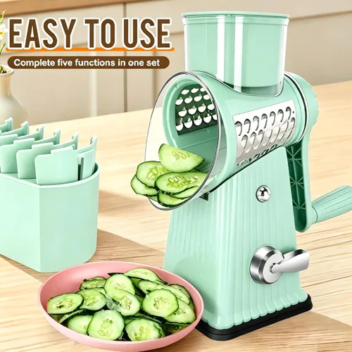 Miniatura 6 de Rallador rotativo de queso con 5 cuchillas bien diseñadas y base de succión fuerte, cortador de verduras de mandolina de cocina con caja