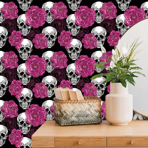Miniatura 2 de Sugar Skull Penoy Papel Tapiz Floral de Despegar y Pegar para Dormitorio Negro/Blanco/Rojo Papel de Contacto Removible Decoraciones de Pared