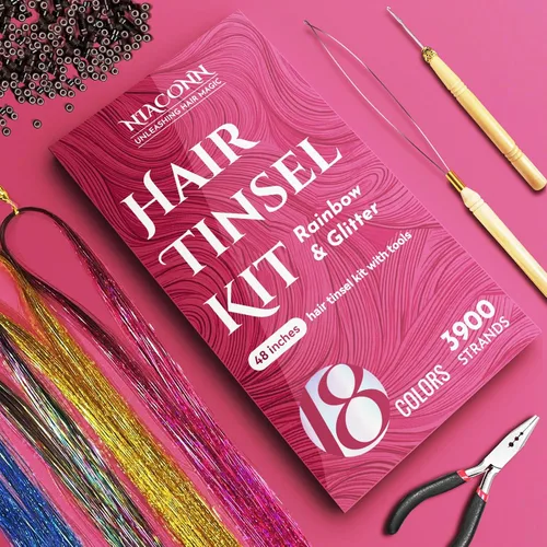 Miniatura 2 de NIACONN Kit de extensiones de oropel con purpurina de 18 colores con herramientas y cuentas, 48 pulgadas, mechones de tracción brillantes de hadas