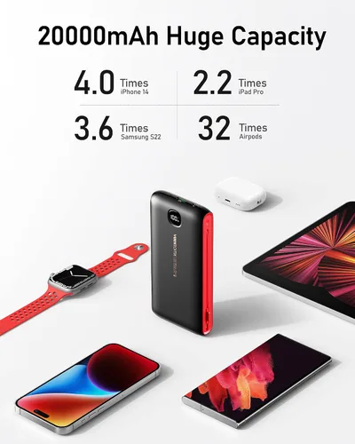 Miniatura 7 de VEEKTOMX Cargador portátil con cables integrados de 20000 mAh, banco de energía para iPhone con enchufe de pared de CA, batería delgada USB C