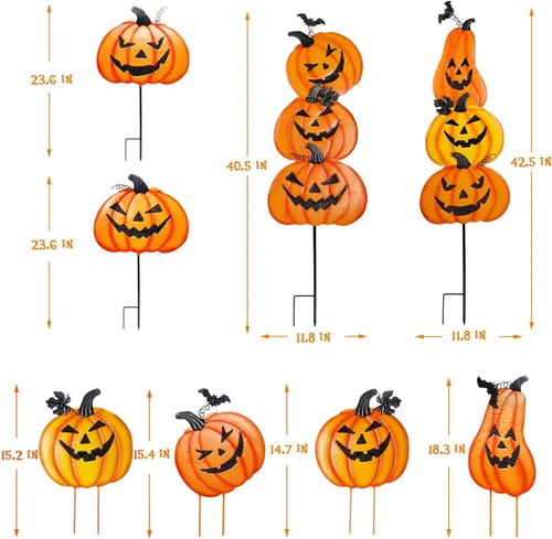 Miniatura 3 de Juegoal Paquete de 2 estacas de jardín de Halloween, calabazas de metal apiladas, decoración de césped Jack-o-Lantern, letreros de patio decorativos