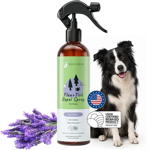 kin+kind Prevención natural de pulgas y garrapatas para perros – Spray de pelaje no graso, formulado por veterinarios, lavanda, 12 onzas líquidas