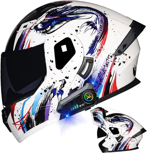 Miniatura 22 de Casco modular Bluetooth para motocicleta, aprobado por DOT, de cara completa, abatible, antivaho, doble visera, casco de motocicleta de calle, LENTE