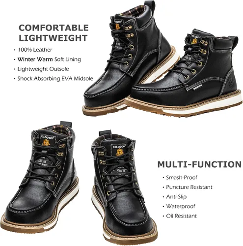 Miniatura 5 de KELODON Botas impermeables con punta de acero para hombres, botas de trabajo de cuero de 6 pulgadas, botas de construcción indestructibles, botas