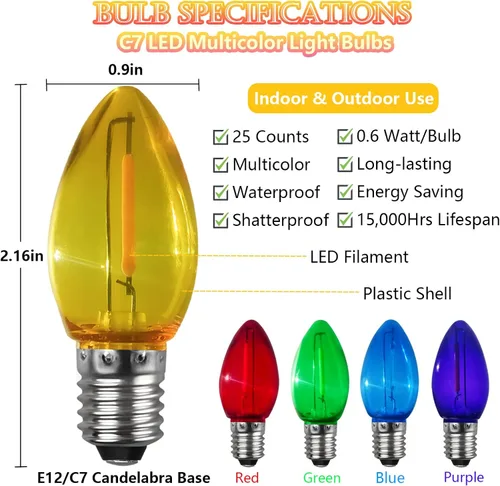 Miniatura 7 de Bombillas LED C7 para Navidad, paquete de 25 bombillas de repuesto multicolor, bombilla LED Edison C7 irrompible para luces navideñas, lámpara