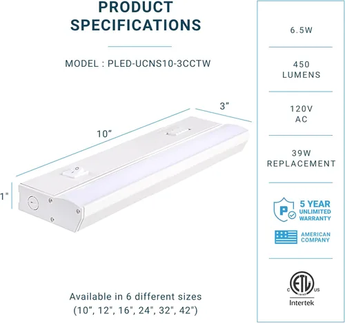 Miniatura 2 de PARMIDA - Iluminación LED para debajo del gabinete, instalación cableada, 10 pulgadas, 6.5 W, 5CCT seleccionable por color, 2700 K/3000 K/4000