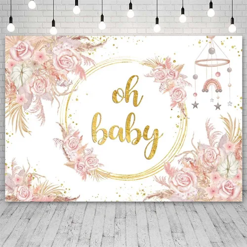 SENDY Telón de fondo bohemio de 7 x 5 pies para niña, diseño floral rosa para baby shower, decoración de fiesta de baby shower, fiesta de baby