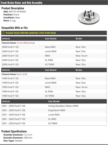 Marketplace Auto Parts Rotor de freno ventilado delantero y conjunto de buje - 12.126 in - Compatible con Ford F150 RWD 1999-2003