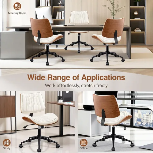 Miniatura 9 de Silla ergonómica de escritorio de oficina sin brazos, de piel sintética blanca moderna de mediados de siglo con costuras de diamante, silla Blanco
