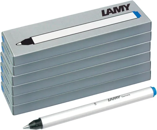 LAMY T11 Rollerball Pen Cartridges Set of 6 with Large Ink Supply and Stainless Steel Tip in Blue (Erasable) for Cartridge Roller Ball Model 311