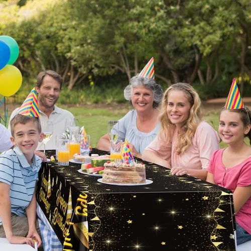Miniatura 7 de durony Paquete de 2 manteles de cumpleaños, de plástico, color negro y dorado, impermeable, rectangular, para fiestas en interiores o exteriores