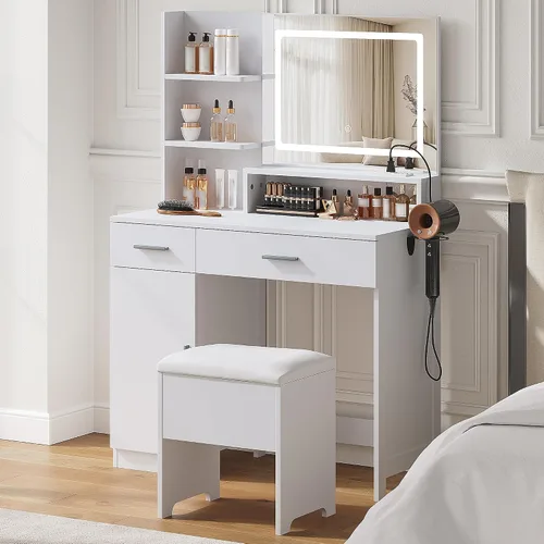 Miniatura 10 de Escritorio de tocador con espejo LED y luces, mesa de tocador de maquillaje con toma de corriente, cajones, armario, tocador con estantes