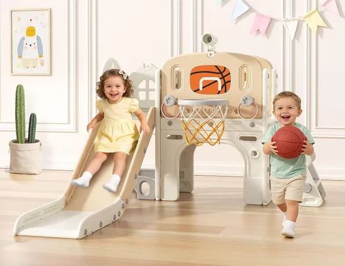 Miniatura 7 de BIERUM - Tobogán para niños pequeños 9 en 1, tobogán para bebés de 1 a 3 años con juego de anillos, aro de baloncesto y telescopio, juego de parque