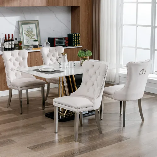 Miniatura 4 de Juego de 2 sillas de comedor modernas de mediados de siglo, sillas de cocina tapizadas de terciopelo beige, sillas de cocina y comedor, patas