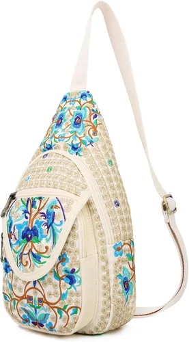 SILKAREA Bolso bandolera pequeño de lona vintage para mujer, bolso cruzado, bolso cruzado bohemio bordado mochila (beige azul)