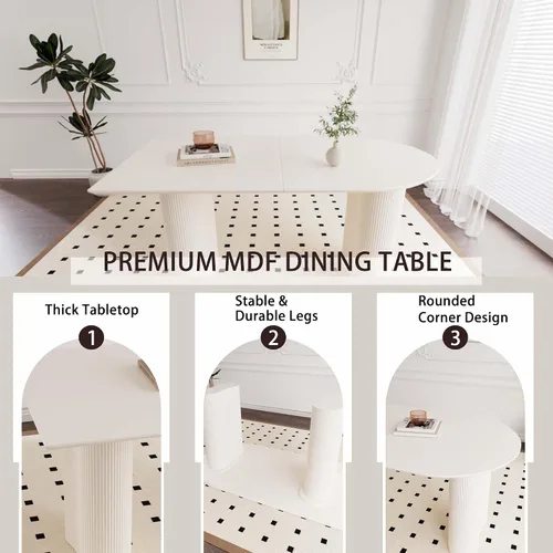 Miniatura 3 de Moderno juego de mesa de comedor color crema para 4, juego de mesa de comedor y sillas de 5 piezas, mesa de comedor ovalada blanca de 63 pulgadas