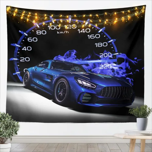 Miniatura 3 de Feelyou Tapiz deportivo azul y amarillo para colgar en la pared, tapiz de coche de carreras para niños y niños, tapiz de pared deportivo