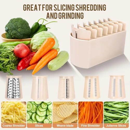 Miniatura 4 de Rallador rotativo de queso con 5 cuchillas bien diseñadas y base de succión fuerte, cortador de verduras de mandolina de cocina con caja de Blanco