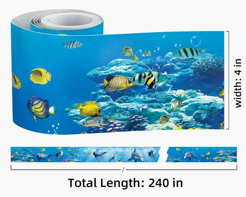 Miniatura 2 de FLFK Cenefa de papel tapiz despegable y pegable, calcomanías de pared para habitación de niños - Murales de calcomanías de peces bajo el mar, 4" x