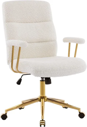 Elegante silla de oficina mullida blanca y dorada con tela texturizada Boucle, moderna silla de escritorio con asiento acolchado, altura ajustable