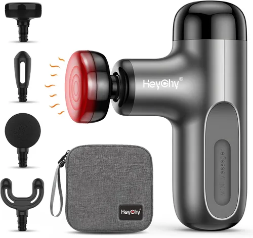 HEYCHY Mini pistola de masaje con calor, pistola de masaje de tejido profundo, masajeador muscular de percusión portátil con 4 cabezales de masaje