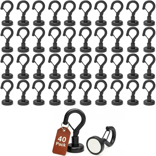 Miniatura 20 de Ant Mag Ganchos magnéticos negros resistentes con broche de presión de 22 libras, ganchos magnéticos fuertes, ideales para colgar en refrigerador