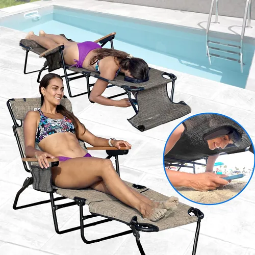 Miniatura 7 de EasyGo Product FLIP - Tumbona para patio, orificios para cara y brazos, 4 patas, material textileno, 6 posiciones, almohada reclinable