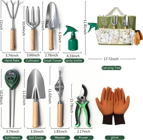 Miniatura 2 de Juego de herramientas de jardín, 10 piezas de herramientas manuales de jardinería resistentes con medidor de humedad del suelo y bolsa