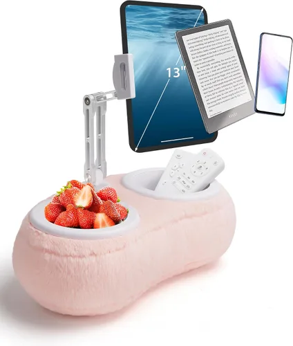 Miniatura 9 de SHUWEI Almohada para Kindle de regazo, soporte ajustable de aluminio con brazos y cuencos para aperitivos, clip giratorio de 360° para Kindle