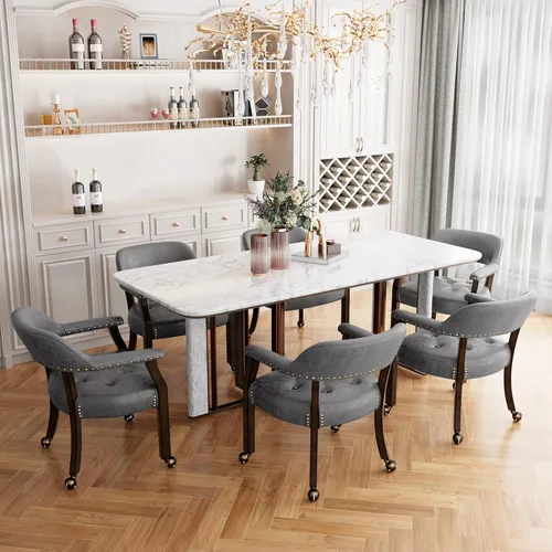 Miniatura 57 de Juego de 8 sillas de cuero de comedor con ruedas y brazos, silla de capitán Accent con ruedas, sillas de madera con ruedas enrollables para cocina