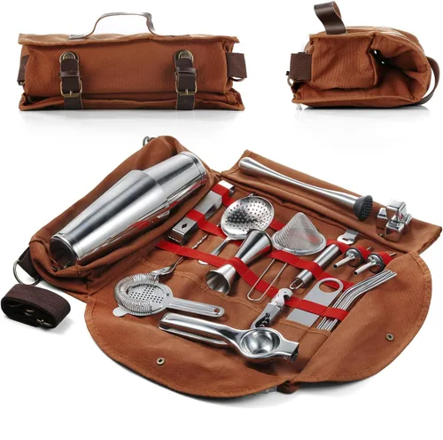 Kit de barman profesional | Juego completo de cóctel de 24 piezas con elegante bolsa portátil | Juego de bar para el hogar, trabajo, fiestas, camping