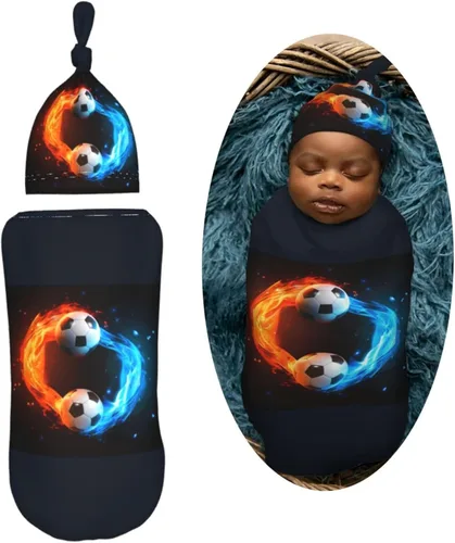 Miniatura 2 de Manta para envolver con pelota de fútbol para recién nacido, con juego de gorro, saco de dormir suave para bebé, elástico y ajustable, mantas