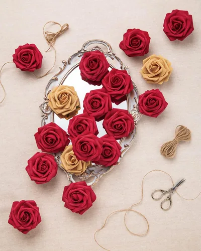 Miniatura 2 de DuHouse 25 rosas artificiales con tallos, flores de espuma de tacto real para bricolaje, ramo de boda, fiesta, centro de mesa, arreglo floral, Rojo