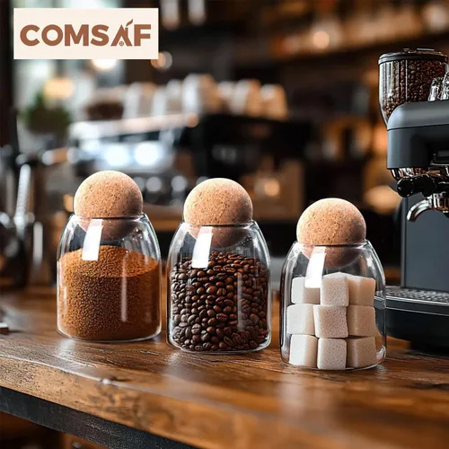 Miniatura 3 de ComSaf Tarro de vidrio decorativo transparente de 16 onzas con tapa de bola de corcho, barra de café, cocina, almacenamiento de baño, apto