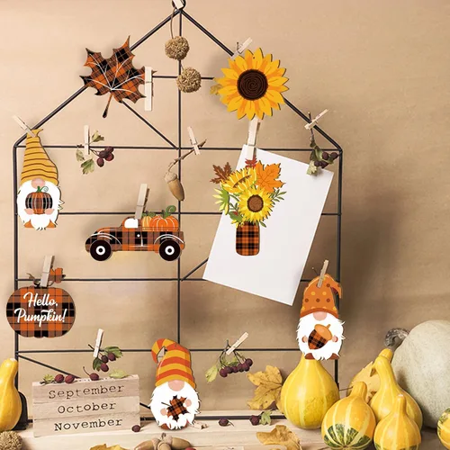 Miniatura 2 de Weysat 24 adornos de otoño para árbol de Acción de Gracias, gnomos de madera, adornos colgantes de gnomos de girasol, decoración de madera