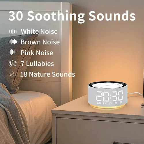 Miniatura 2 de Máquina de sonido blanco y marrón con 30 sonidos de sueño para bebés, niños y adultos, luz nocturna, reloj despertador para dormitorio, 2 alarmas