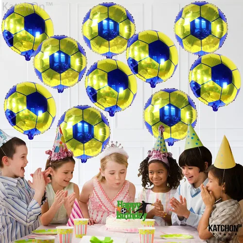 Miniatura 2 de Paquete de 20 globos metálicos de fútbol de 18 pulgadas, suministros de fiesta de cumpleaños de fútbol, globos redondos de papel de aluminio de bola