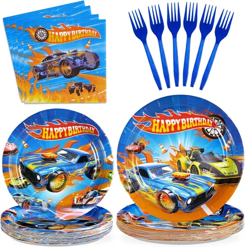 Grencian 96 piezas de decoración de cumpleaños de coches de carreras para niños, platos y servilletas de fiesta de coches, juego de vajilla,