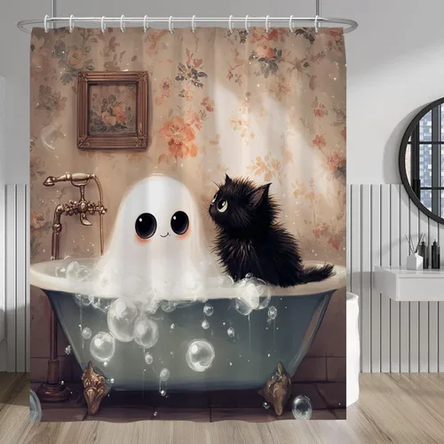 Miniatura 63 de Cortina de ducha de fantasma y gato negro para niños, 36 x 72 pulgadas, espeluznante y bonita, cortina de baño de Halloween con 6 ganchos, cortina