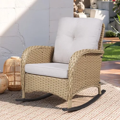 Miniatura 11 de Mecedora de Artfurniz para patio: Silla mecedora de mimbre para exteriores con cojín removible, con capacidad de peso de 300 libras, asiento Mimbre