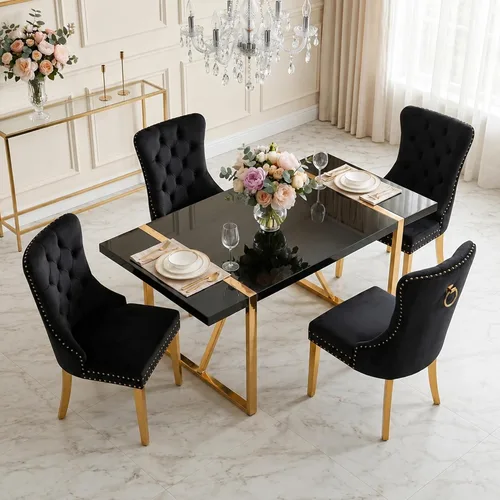 Juego de mesa de comedor negra para 4, parte superior negra brillante de 55 pulgadas con patas de metal dorado, juego de mesa de comedor moderno