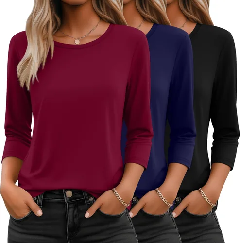 Miniatura 19 de Ficerd Paquete de 3 camisetas de manga 3/4 para mujer, cuello redondo, camisetas básicas elegantes, casuales, modernas, holgadas