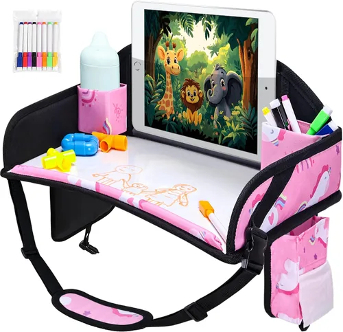 Miniatura 23 de 2 piezas Bandeja de viaje para niños, bandeja para asiento de coche para niños Viaje, Esenciales de viaje en carretera para niños con kit de dibujo