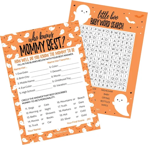 Miniatura 16 de DISTINCTIVS Blue Little Boo is Almost Due Halloween Boy Baby Shower Game Pack – 20 tarjetas de doble cara – Qué hay en tu teléfono y palabras