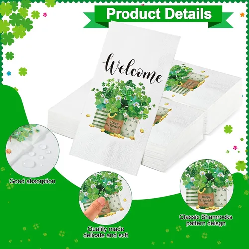 Miniatura 3 de Outus 100 servilletas del día de San Patricio, tréboles de bienvenida, toallas de papel para invitados, toallas de mano verdes, tréboles