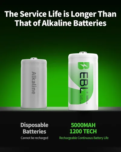 Miniatura 3 de EBL Pilas recargables tipo C, 5000 mAh Ni-MH de alta capacidad, celda C, paquete de venta al por menor nuevo, paquete de 4
