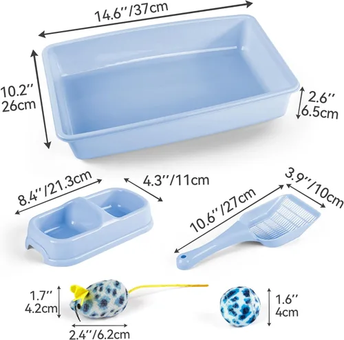 Miniatura 2 de PAWISE Juego de 5 piezas de caja de arena para gatos recién nacidos, bandeja de arena para gatos poco profundos, cuencos de alimentación, kit de Azul